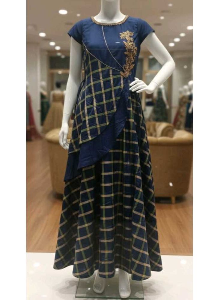 Elegant Blue &amp; Gold Checkered Gown