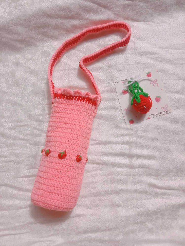 Strawberry Crochet Water Bottle Holder