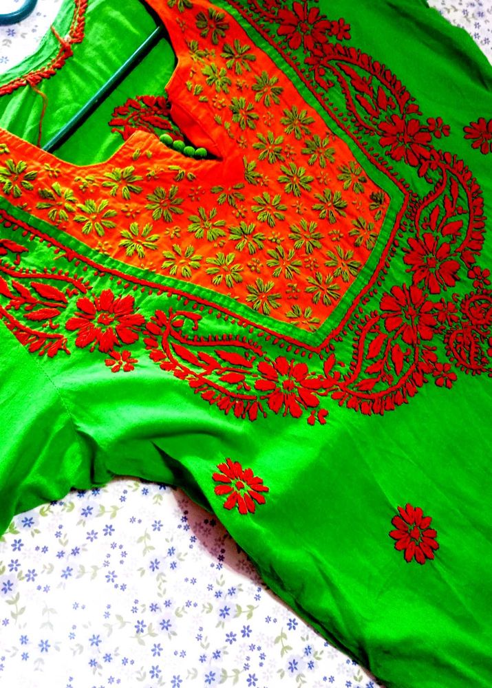 Embroidered  Chikenkari Green Kurta