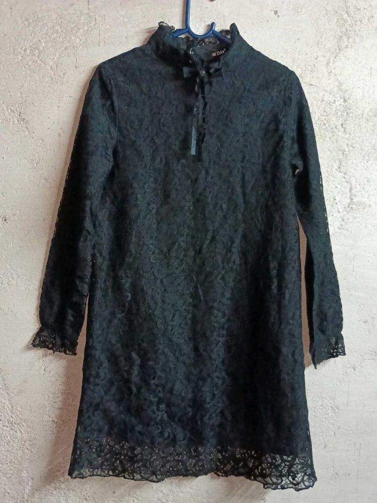 Elegant Lace Mini Dress Layered Black