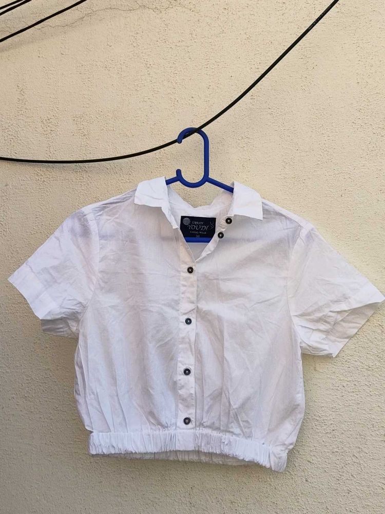 White Cropped Button-Down Shirt