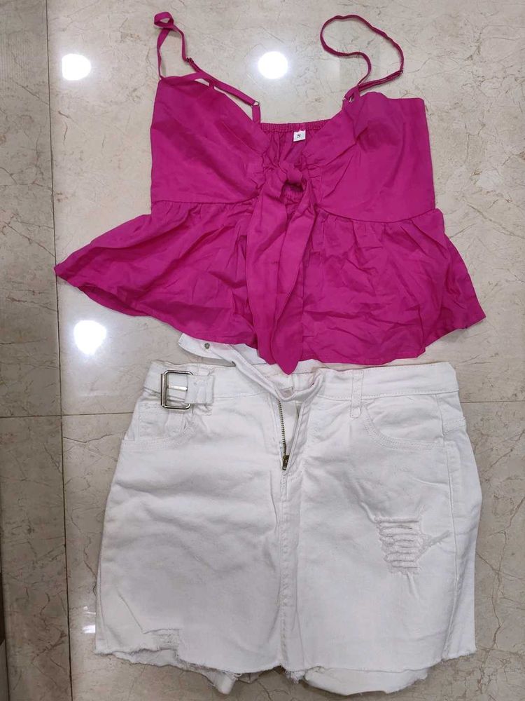 Cute Pink Top &amp; White Denim Skirt