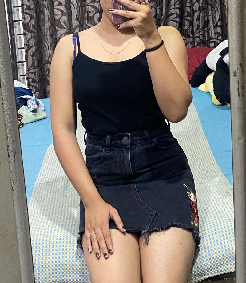 Black embroidered denim skirt