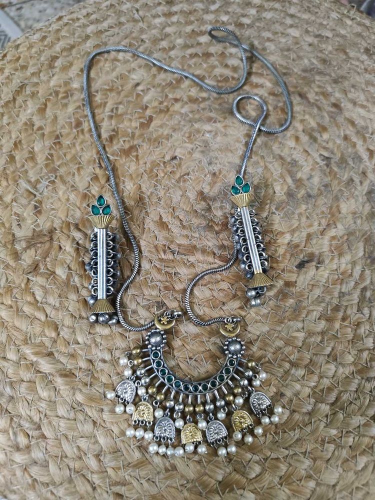 Silver Replica Long Pendant Set With Green Stones