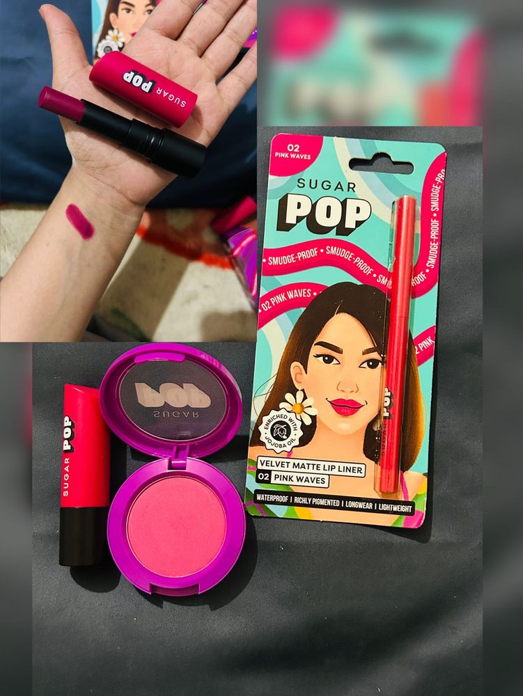Sugar ,Pink Blush Lipstick And Liner( 3 combo Set)