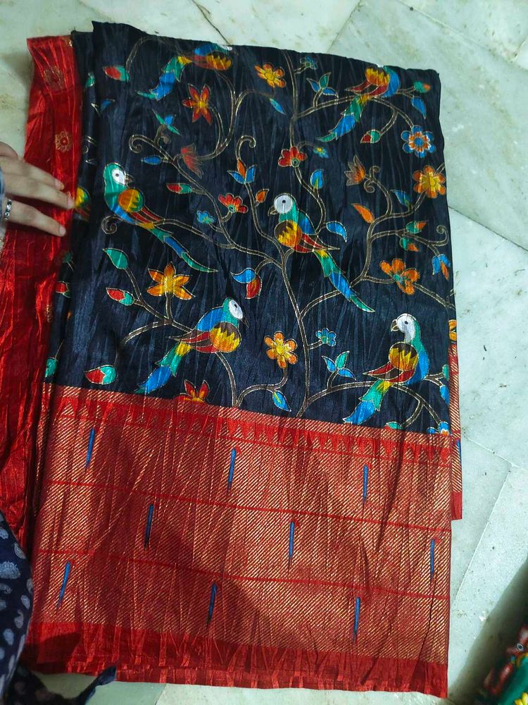 Beautiful 😍 Black An Red ♥️ Printed Saree