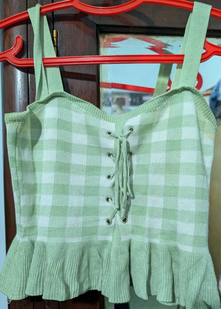 Green Gingham Knit Top