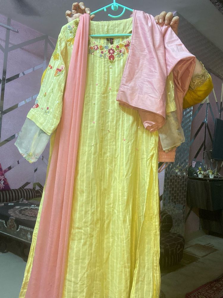 Yellow Embroidered Soft CottonKurta Set