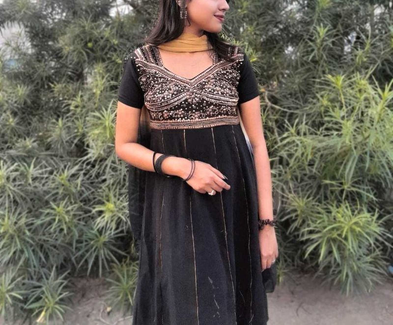 Elegant Black &amp; Gold Embroidered Anarkali