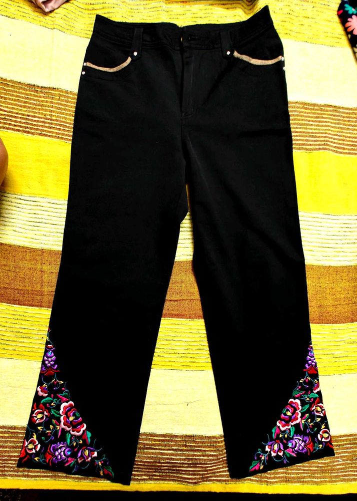 Statement Embroidered Black Trouser Pant
