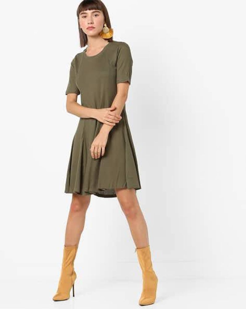 Olive Green Ribbed Casual Dress