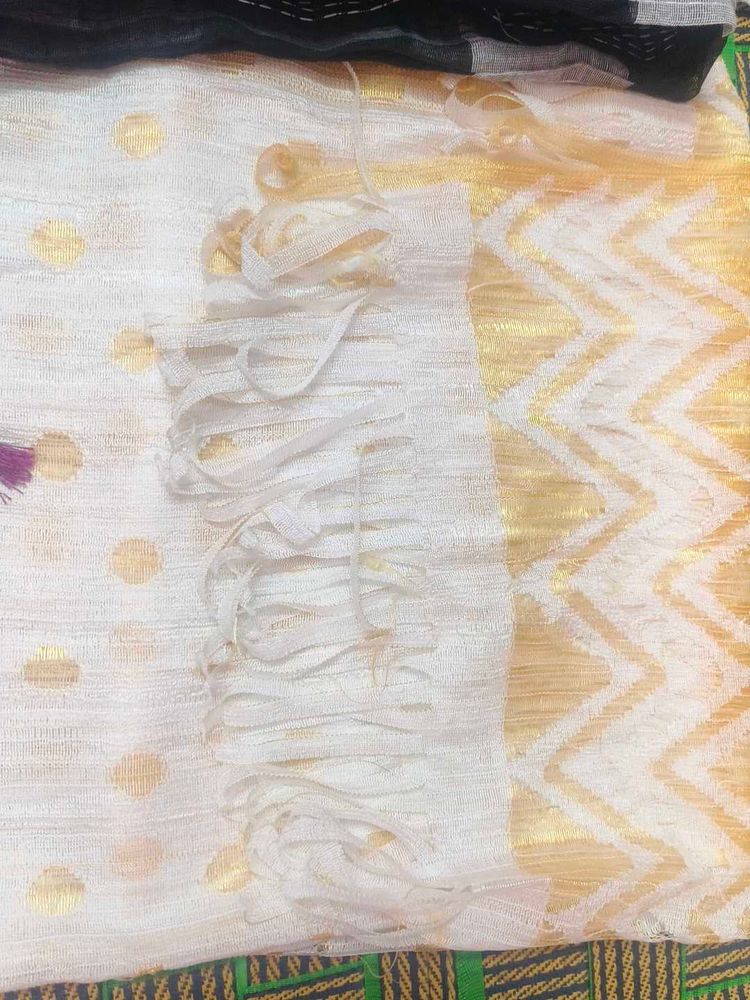Elegant White &amp; Gold Polka Dot Scarf