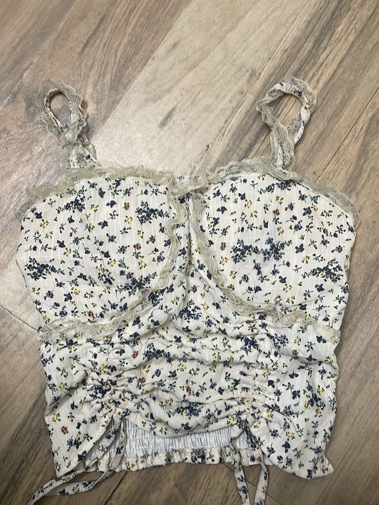 Floral Lace Trim Drawstring Crop Top