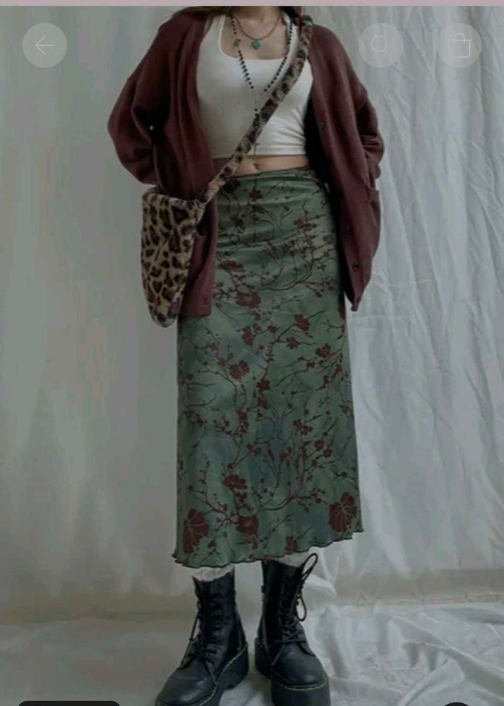 Green Floral Print Midi Skirt (Newme)