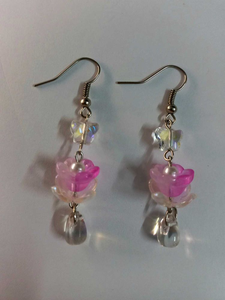 🌸 Unique Handmade Pink Flower Drop Earrings 🦋