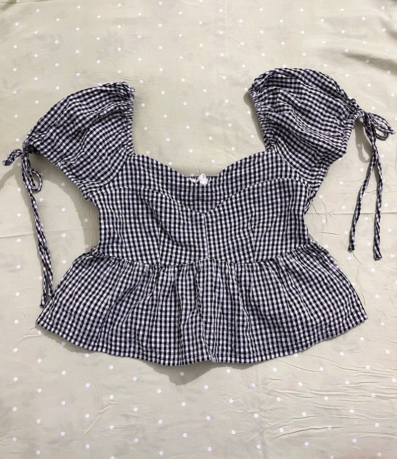 Gingham Tie-Sleeve Peplum Top