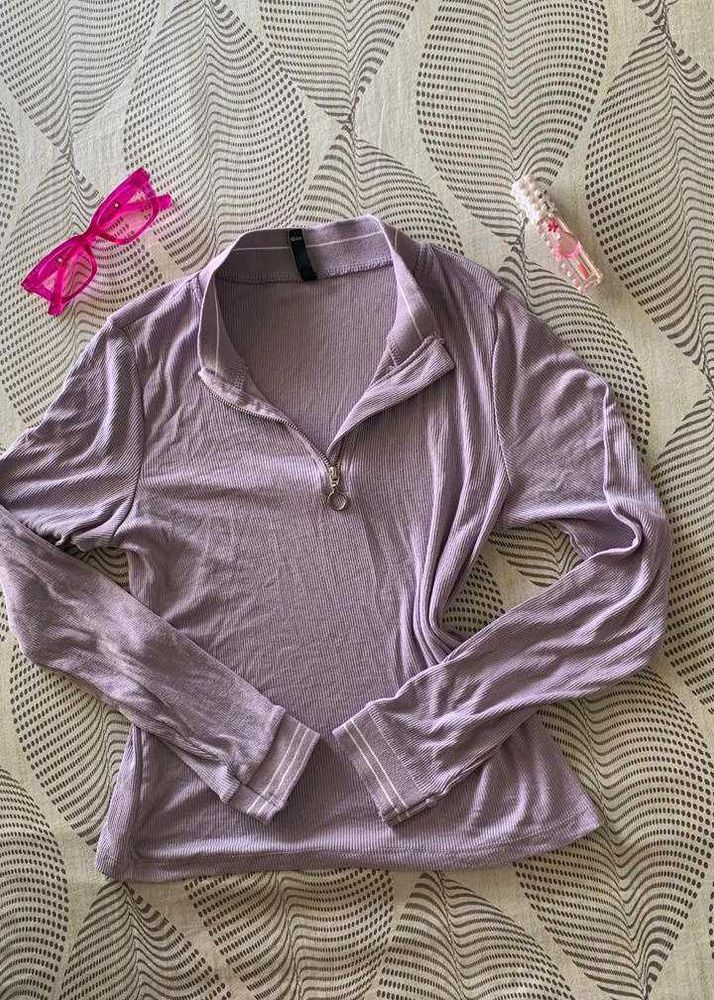Lavender High Neck Ribbed Fitted Top