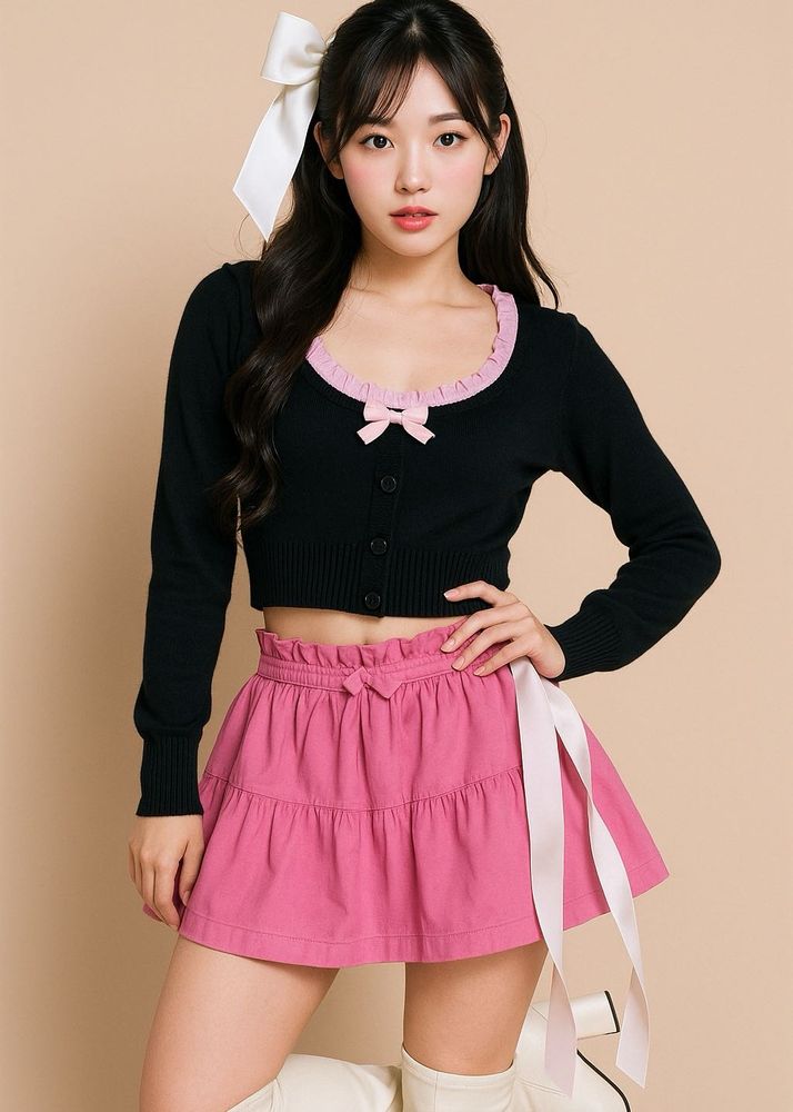 Black With Pink Bow Crop Fitted Cardigan