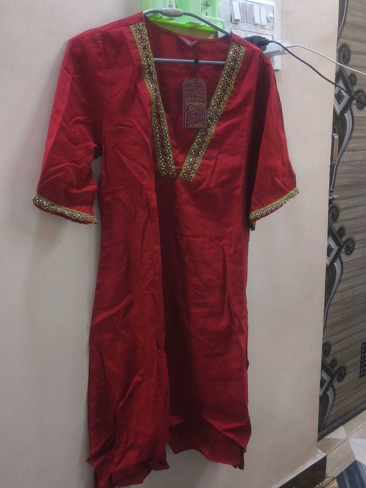 Red Embellished Kurta