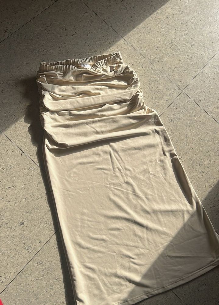 Beige Ruched Midi Skirt