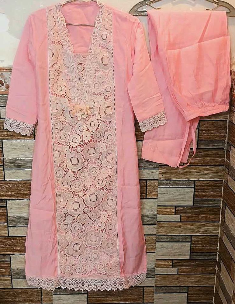 Cut Work Kurta Set With Necklace