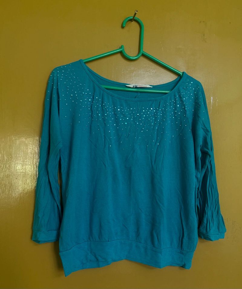 Teal Blue 3/4 Sleeve Embellished Casual Top
