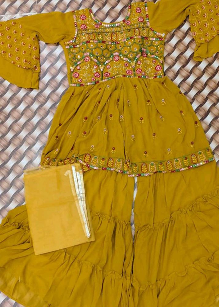 3 Pieces Mustard Garara Suit Set