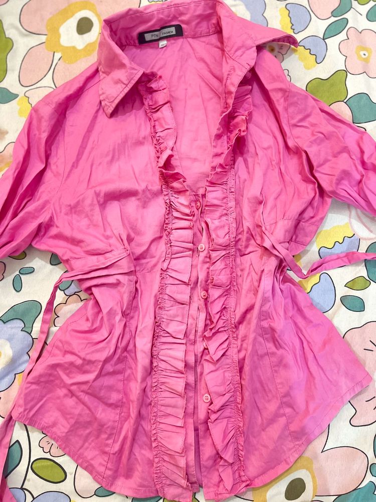 Pink Fitted Shirt With Ruffle Details