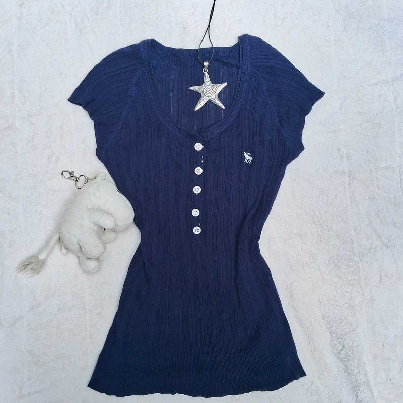 y2k vintage Cute Navy Ribbed Top
