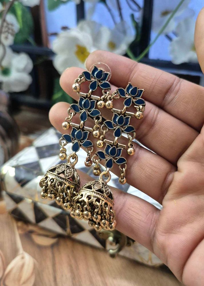 Blue Floral Jhumka Earrings