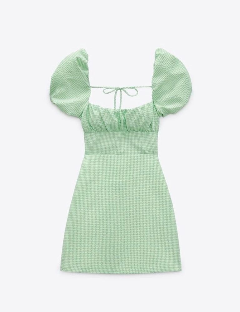 ZARA - Gingham Green Plaid Puff Sleeves Dress 💚🌴