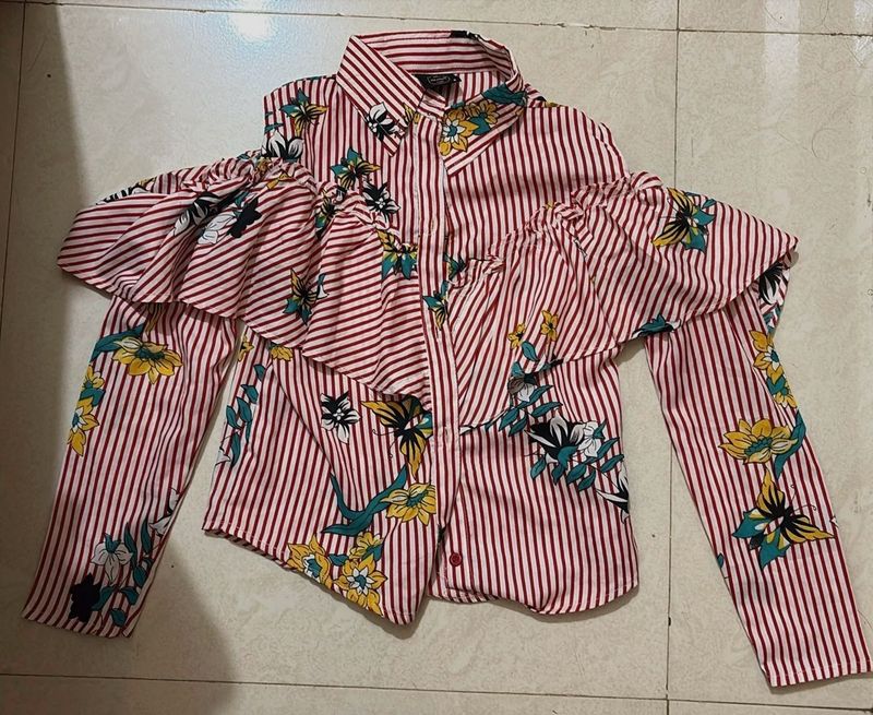 Striped Floral Cold Shoulder Top