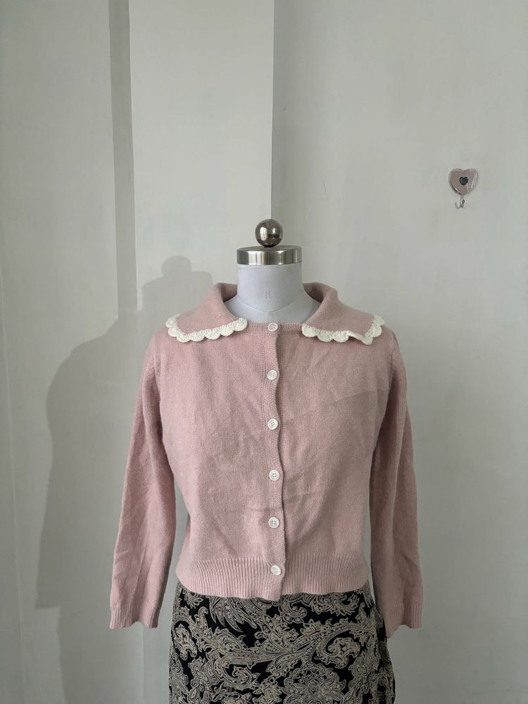 Pink Cardigan with Lace Collar