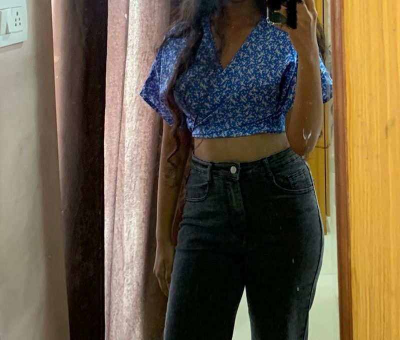 Blue Floral Wrap Top