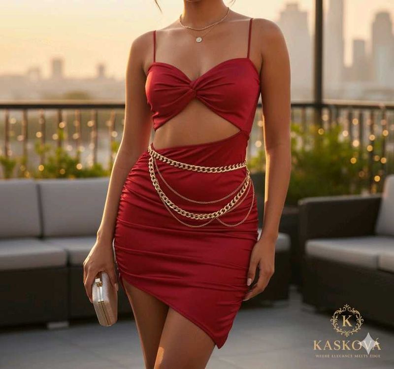 Luxe Midnight Muse–Red Satin Cut-Out Chain Mini