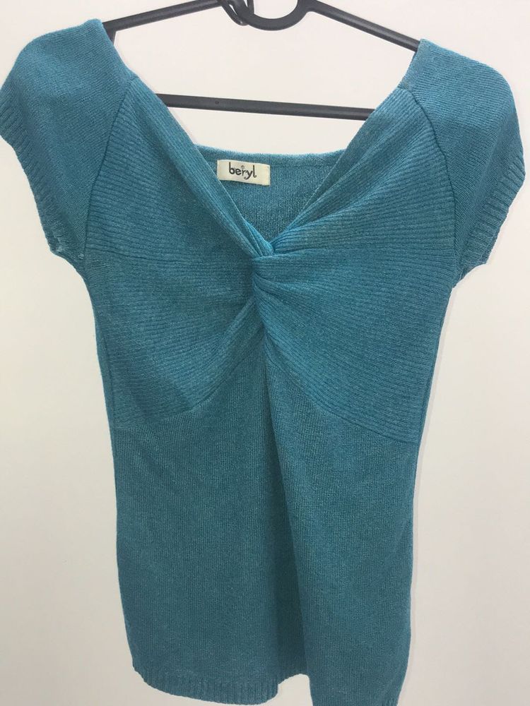 Teal Twist-Front Knit Top