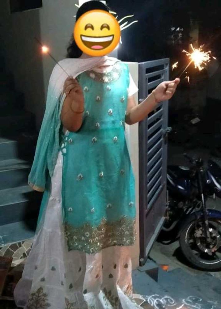 Teal &amp; White Embellished Salwar Kameez