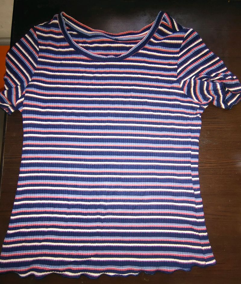 Stretchable Ribbed Max Striped Blue And Pink Tshirt For Women