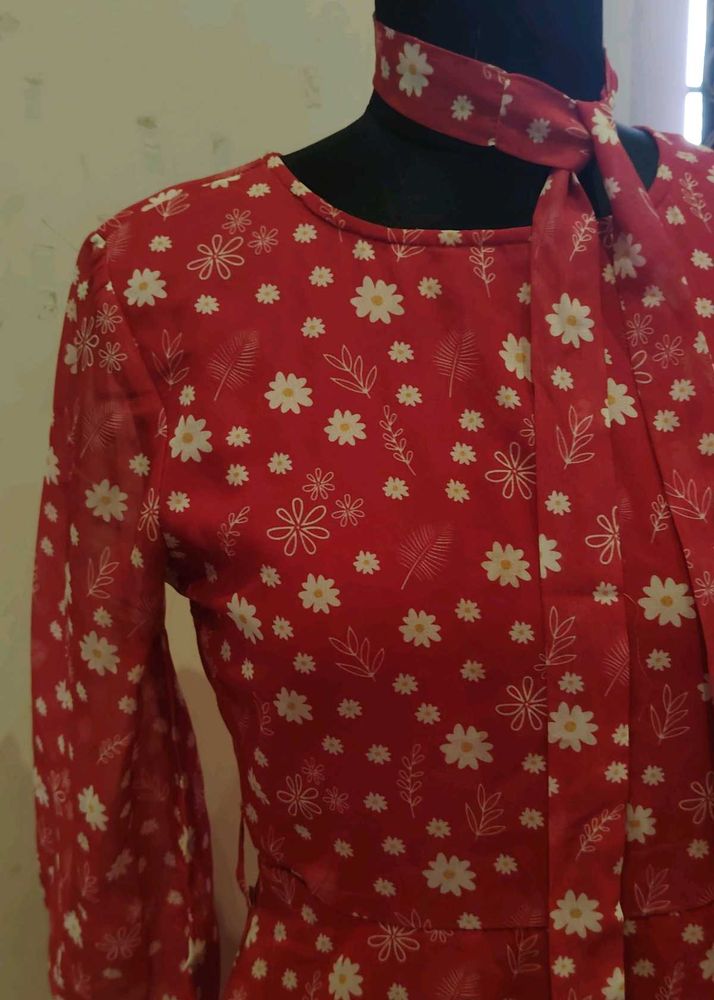 Red Floral Dress with Pockets