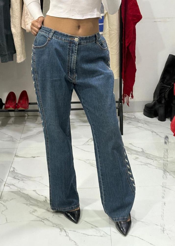 Blue Wide Leg Designer Lace Jeans Embroidered
