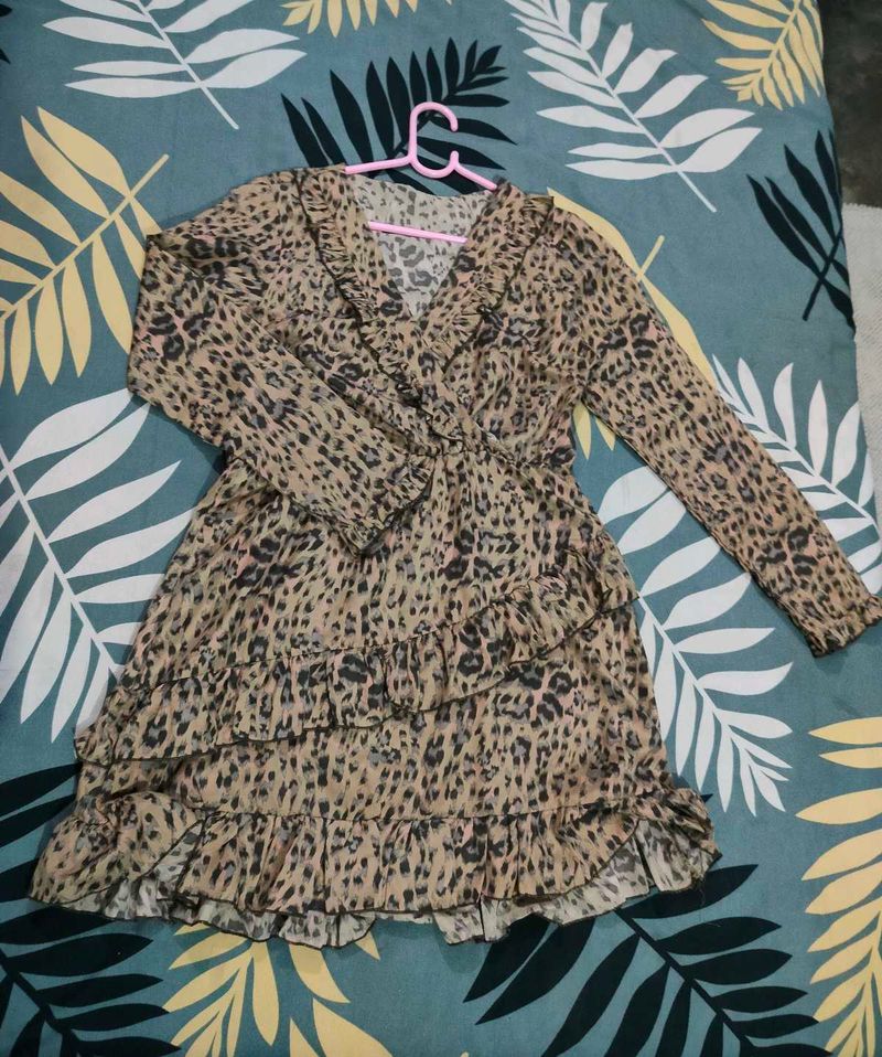 Leopard Print Frill Dress With Wrap Design