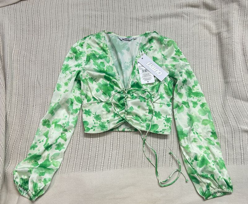 Satin Floral Tie-Front Crop Top