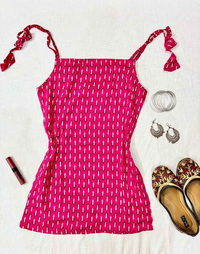 Pink Print Tie-Strap Short Kurti