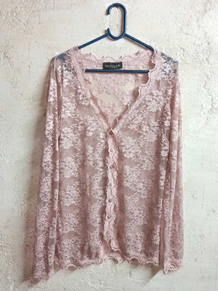 Partywear See-through Lace Shirt Top Pink