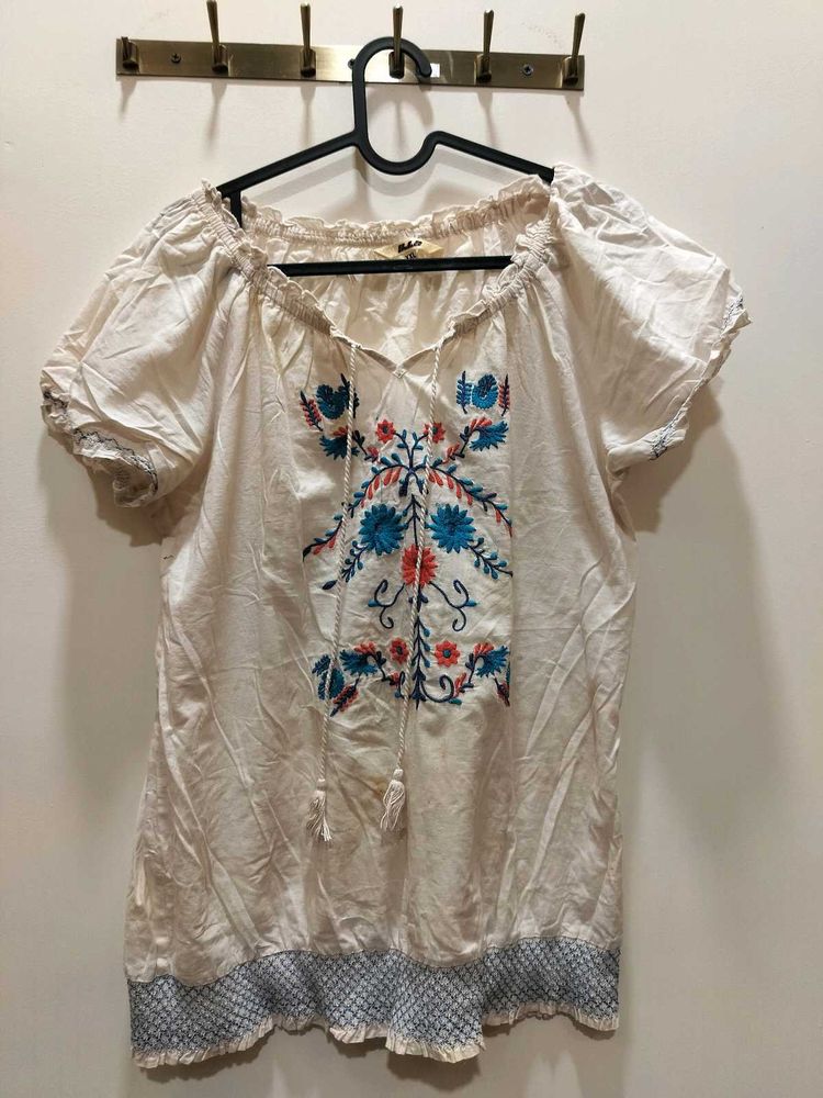 Puff Sleeves White Floral Embroidered Top