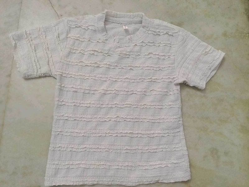 White Textured Ruffle T-Shirt