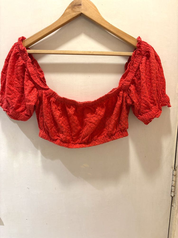 Red Eyelet Puff Sleeve Crop Top And Denim Dress