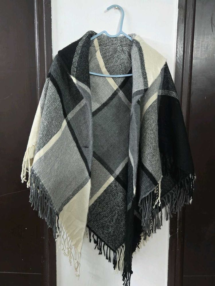 Cozy Plaid Poncho with Fringe