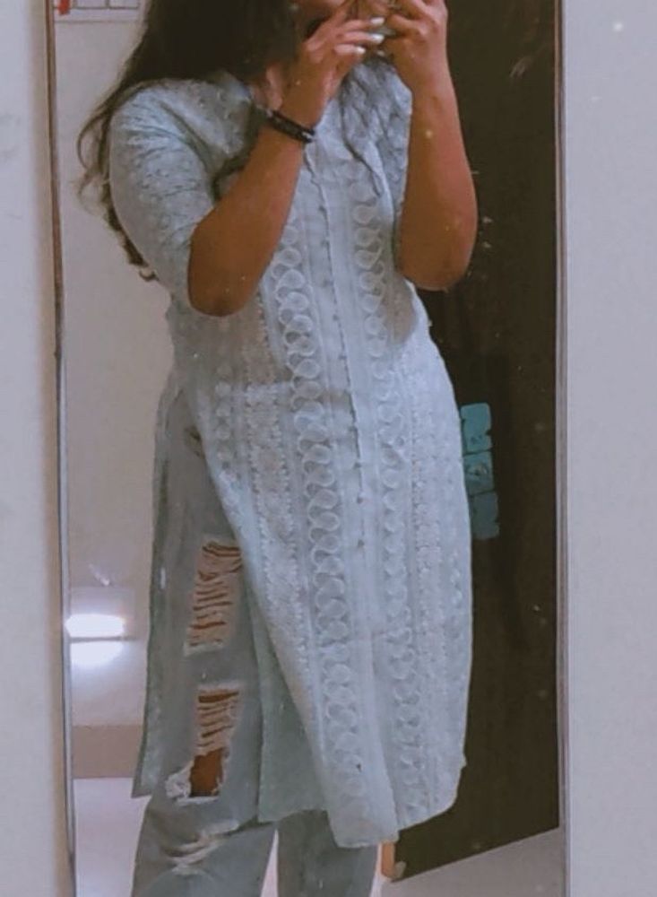 Blue Embroidered Kurti with Jeans