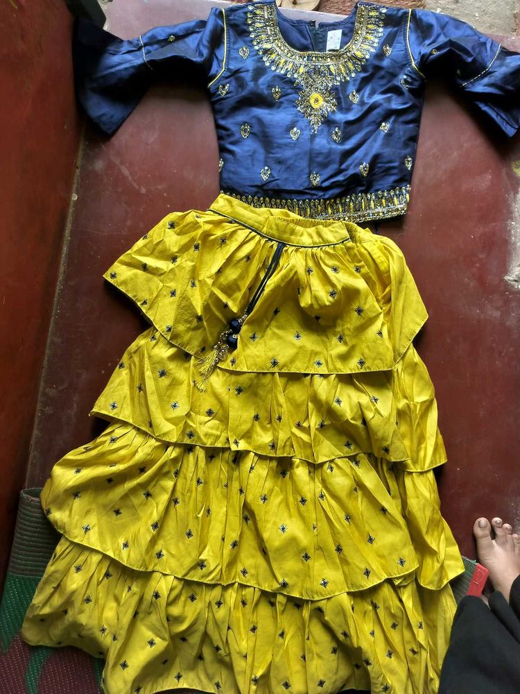 Girls' Blue &amp; Yellow Lehenga Choli Set